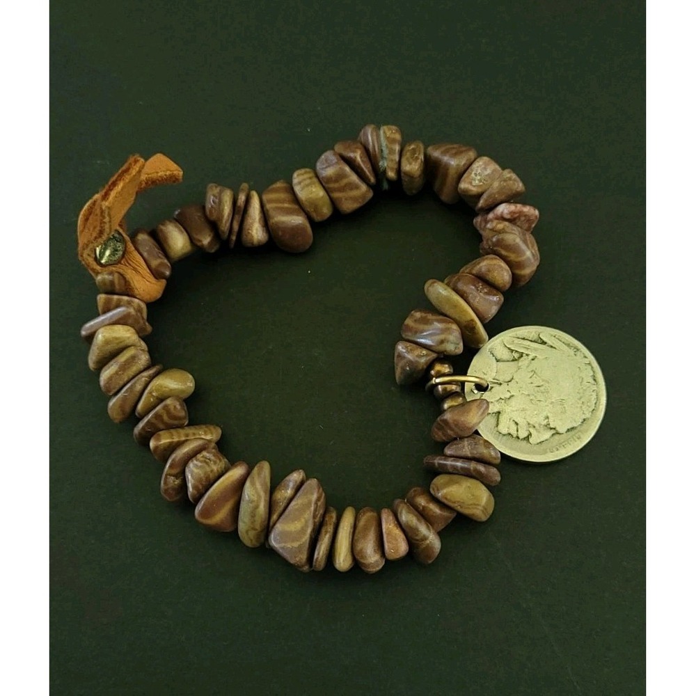 Picture Jasper Chip Stone Stretch Bracelet Coin Charm Brown Tan 30g Buffalo NIck
